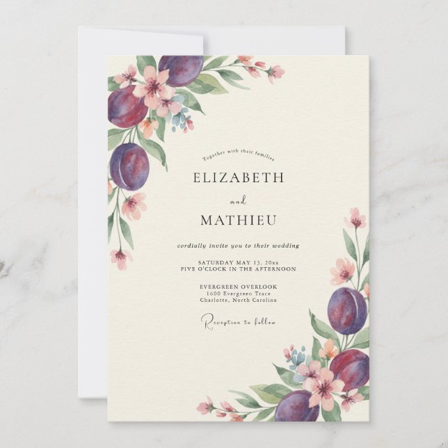 Convite Casamento de Eucalipto Fruta Ameixa Profunda (Frente)