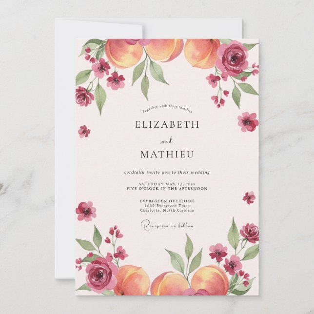 Convite Casamento de Eucalipto Fruta Damasco Magenta (Frente)