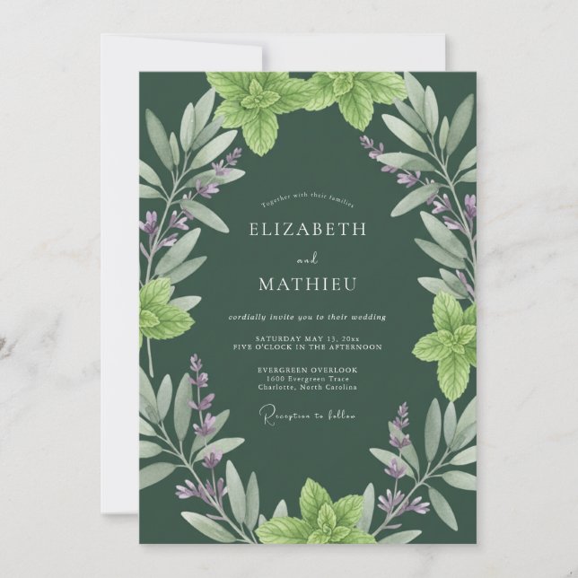 Convite Casamento de Eucalipto Herbal Oliva Profunda (Frente)