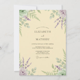 Convite Casamento de Eucalipto Lavanda Amarelo Pálido