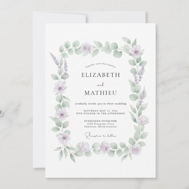 Convite Casamento de Eucalipto Lavanda Suave (Frente)