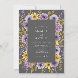 Convite Casamento de Eucalipto Lilás Amarelo Carvão