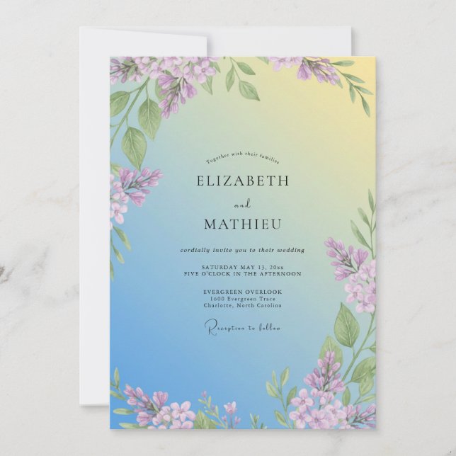 Convite Casamento de Eucalipto Lilás Amarelo Suave (Frente)