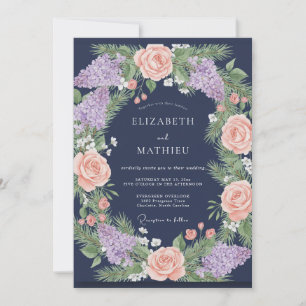 Convite Casamento de Eucalipto Lilás Coral Marinho
