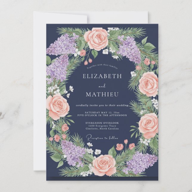 Convite Casamento de Eucalipto Lilás Coral Marinho (Frente)