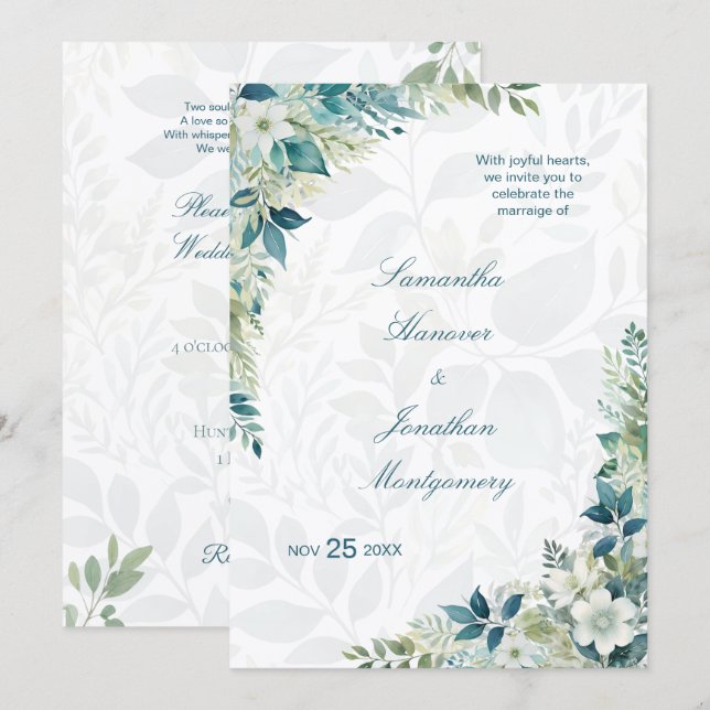 Convite Casamento de Eucalipto Marfim Verde Salvia (Frente/Verso)