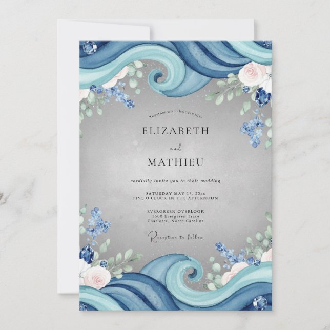 Convite Casamento de Eucalipto Onda do Oceano Azul (Frente)