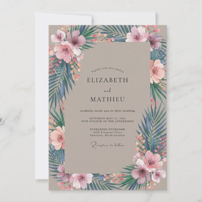 Convite Casamento de Eucalipto Palma Rosa Taupe (Frente)