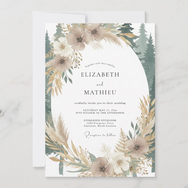 Convite Casamento de Eucalipto Pampas Bege (Frente)