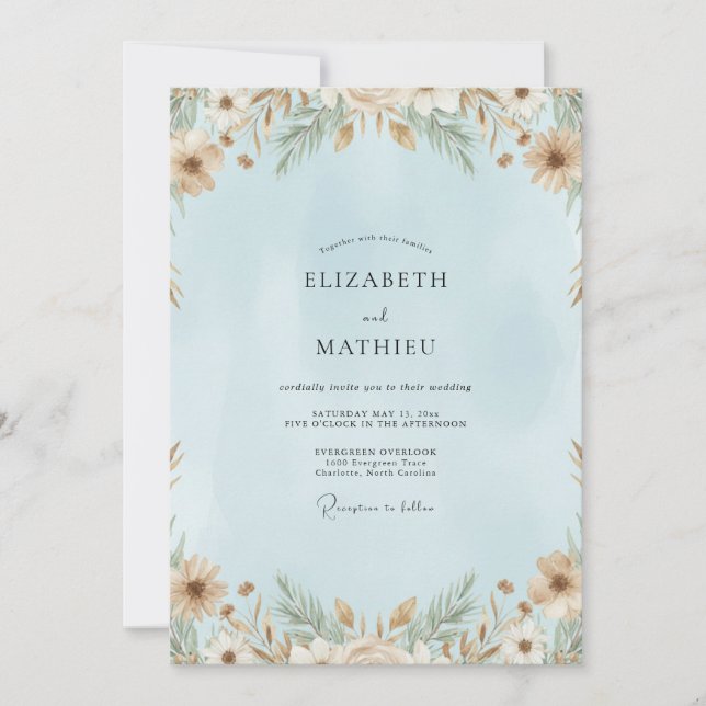 Convite Casamento de Eucalipto Pampas Céu Pálido (Frente)