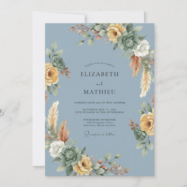 Convite Casamento de Eucalipto Pampas Dourado Esverdeado (Frente)