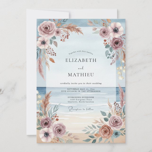 Convite Casamento de Eucalipto Pampas Rosa Empoeirado (Frente)