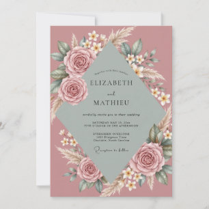 Convite Casamento de Eucalipto Pampas Rosa Malva Vintage E