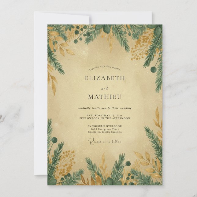 Convite Casamento de Eucalipto Pinheiro Dourado Turquesa (Frente)