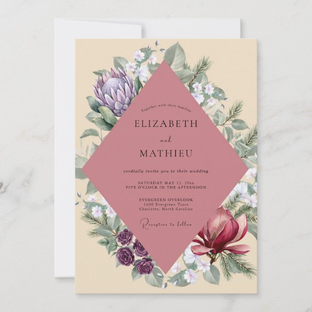 Convite Casamento de Eucalipto Protea Roxo Malva (Frente)