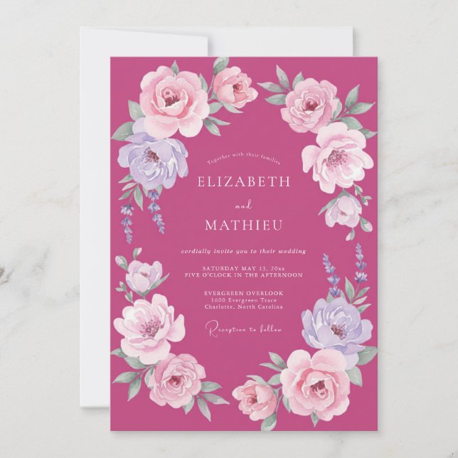 Convite Casamento de Eucalipto Ranúnculo Lilás Fúcsia (Frente)