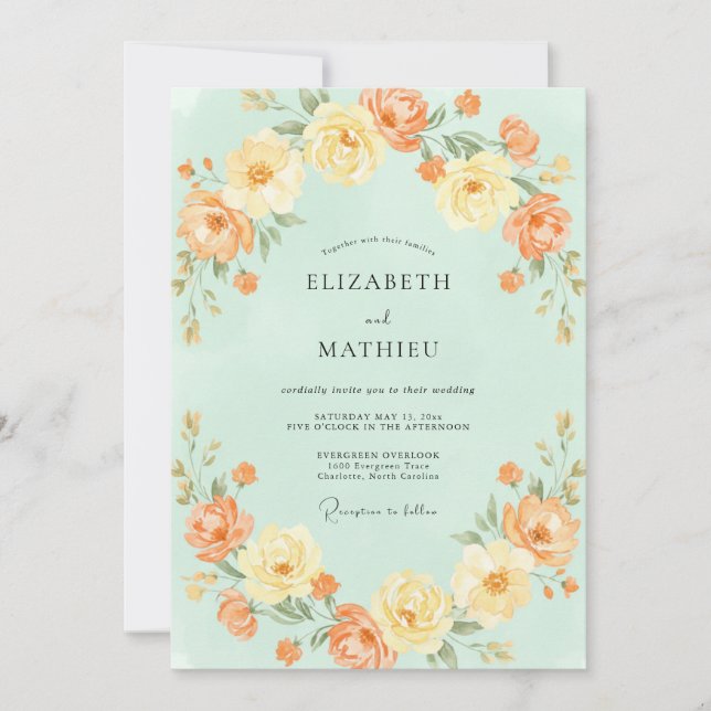 Convite Casamento de Eucalipto Ranunculus Laranja Celadon (Frente)
