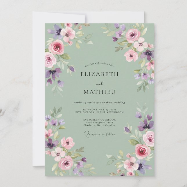 Convite Casamento de Eucalipto Ranunculus Lavanda Salvia (Frente)