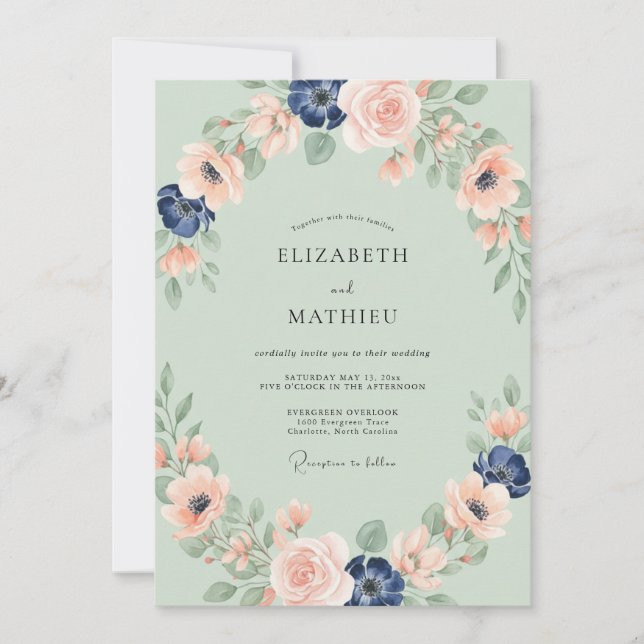 Convite Casamento de Eucalipto Ranunculus Pêssego Sage Sua (Frente)