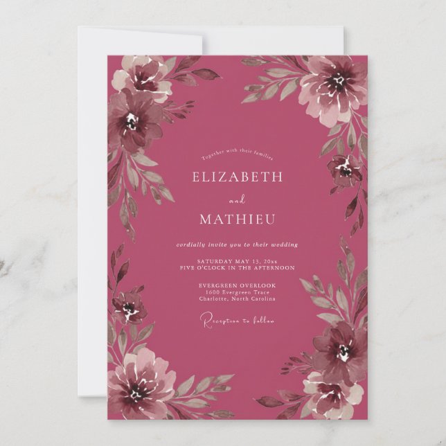 Convite Casamento de Eucalipto Ranunculus Roxo Fundo (Frente)