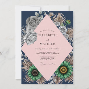 Convite Casamento de Eucalipto Rosa Navy