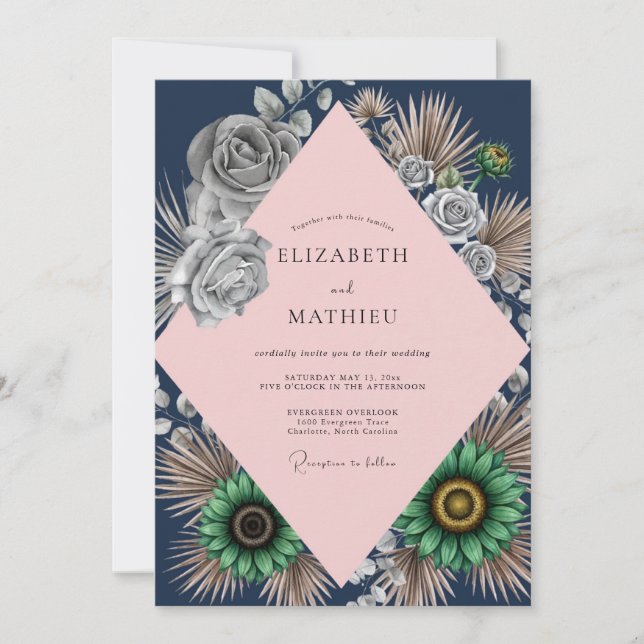 Convite Casamento de Eucalipto Rosa Navy (Frente)
