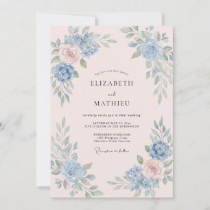 Convite Casamento de Eucalipto Rosa Poeira Azul-marinho