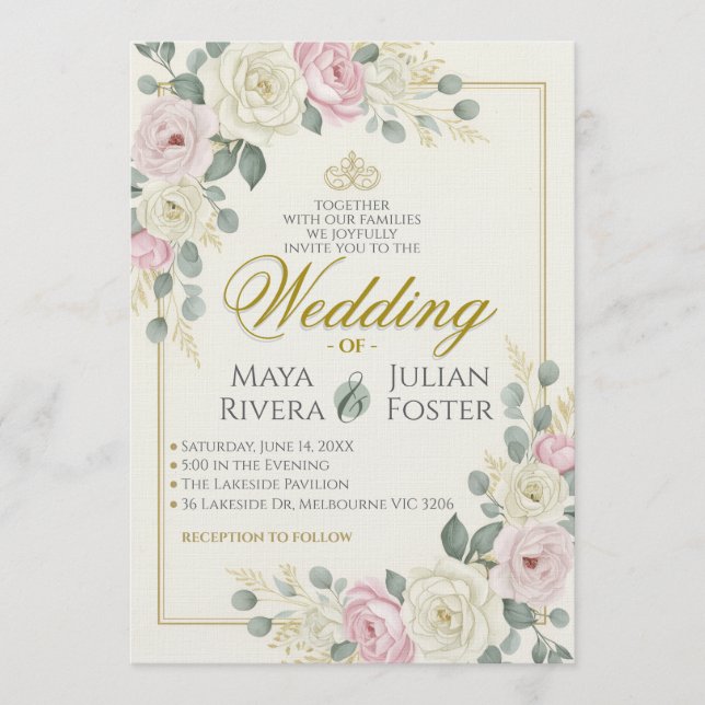 Convite Casamento de Eucalipto Rosa Suave e Verde Sage (Frente)