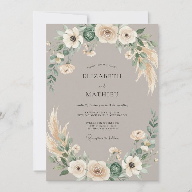 Convite Casamento de Eucalipto Seco Pampas Bege (Frente)