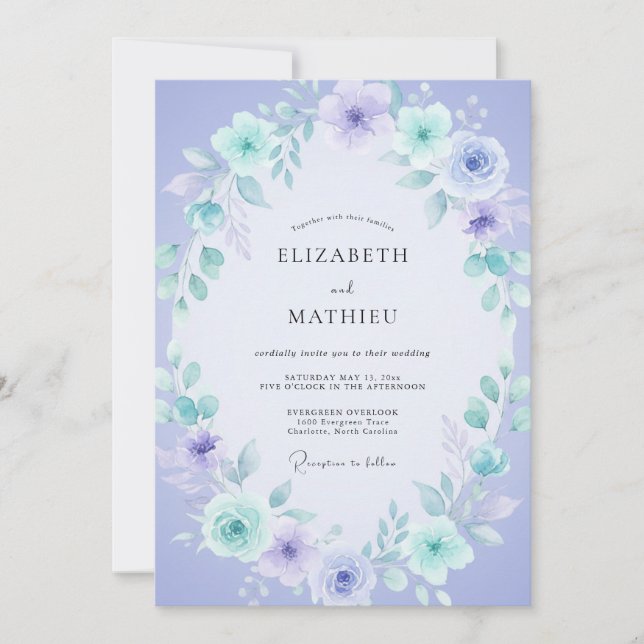 Convite Casamento de Eucalipto Suave com Folhagem Azul-Per (Frente)