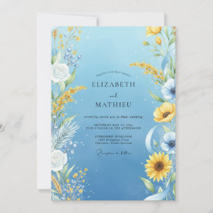 Convite Casamento de Eucalipto Suave Girassol Amarelo Açul