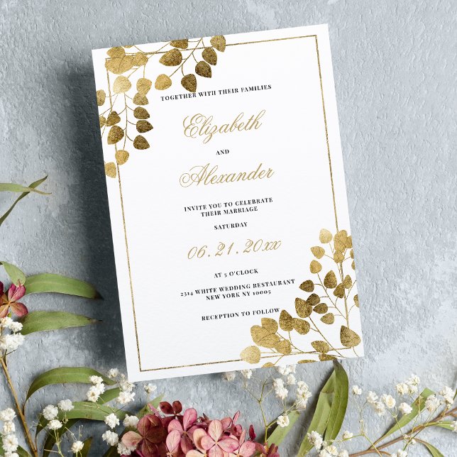 Convite Casamento de eucalipto tradicional de ouro branco  (Luxury traditional white gold eucalyptus wedding invitation )