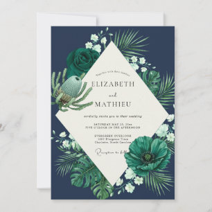 Convite Casamento de Eucalipto Tropical Azul-Marinho