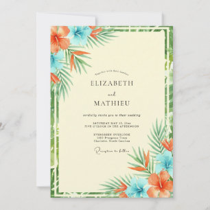 Convite Casamento de Eucalipto Tropical Ciano Coral