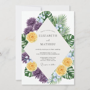 Convite Casamento de Eucalipto Tropical Roxo Amarelo
