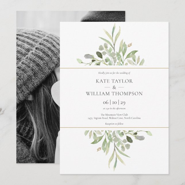 Convite Casamento de Eucalipto Verde Botânico com Foto (Frente/Verso)