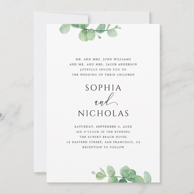Convite Casamento de Eucalipto Verde | Botânico Elegante (Frente)