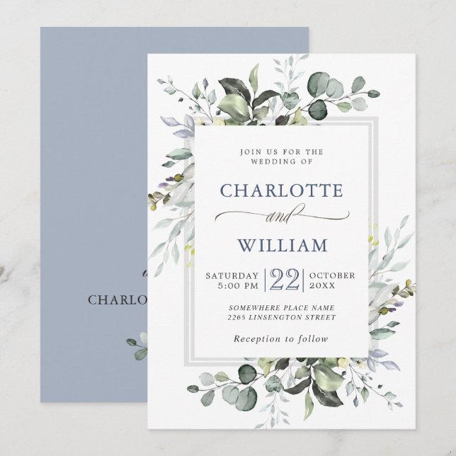 Convite Casamento de Eucalipto Verde com Aquarela Elegante (Frente/Verso)