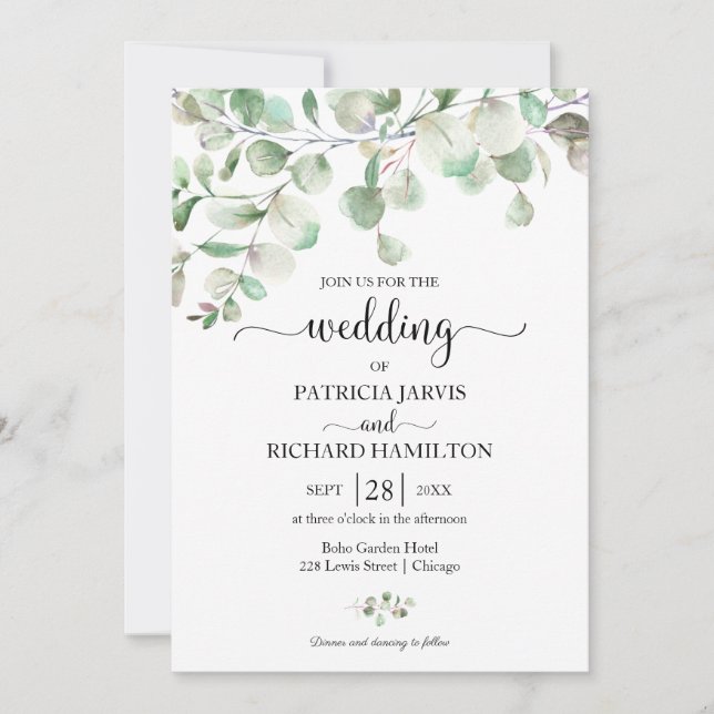 Convite Casamento de Eucalipto Verde Elegante (Frente)