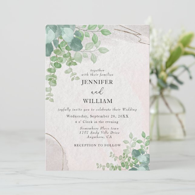 Convite Casamento de Eucalyptus com Verduras Botânicas Rus (Em pé/Frente)