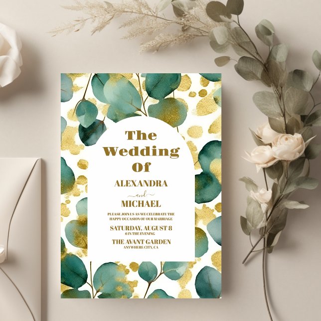 Convite Casamento de Eucalyptus Dourado Verde (Criador carregado)