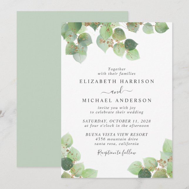 Convite Casamento de Eucalyptus Greenery Dourado Watercolo (Frente/Verso)