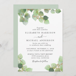 Convite Casamento de Eucalyptus Greenery Dourado Watercolo
