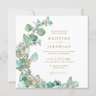 Convite Casamento de Eucalyptus Watercolor, Verde Dourado 