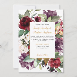 Convite Casamento de Explosão Dourada Floral Vermelha Roxa
