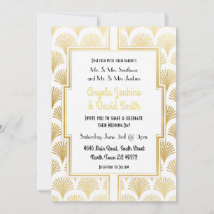 Convite Casamento de fã Gatsby com Arte Dourada e Branca 