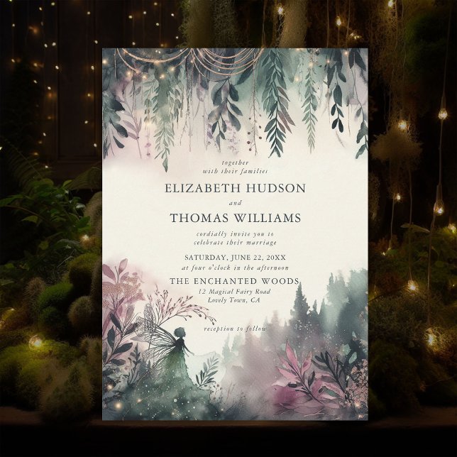 Convite Casamento de Fadas Mágicas nas Montanhas Florestai (enchanted forest fairy wedding invitation watercolor mountains woods magical fairytale emerald gold )