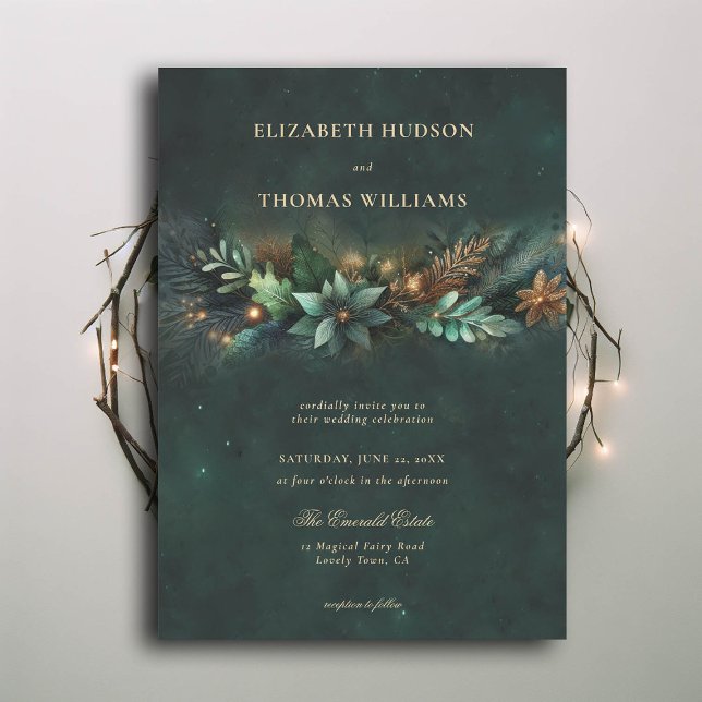 Convite Casamento de Fairytale Mágico Floresta Encantada (enchanted forest wedding invitation emerald gold garland modern classic)