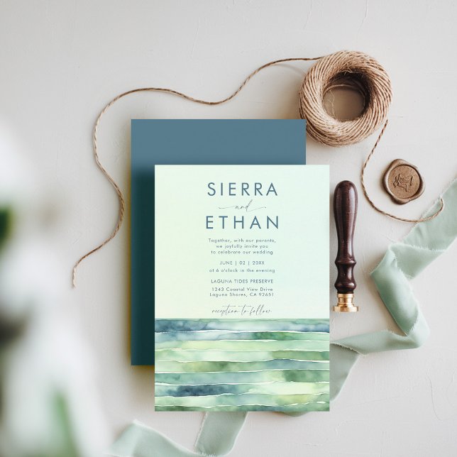 Convite Casamento de faixas modernas do mar de Piscina de  (coastal wedding invitation rocky beach tide pool sea sage green navy stripes elegant modern romantic)