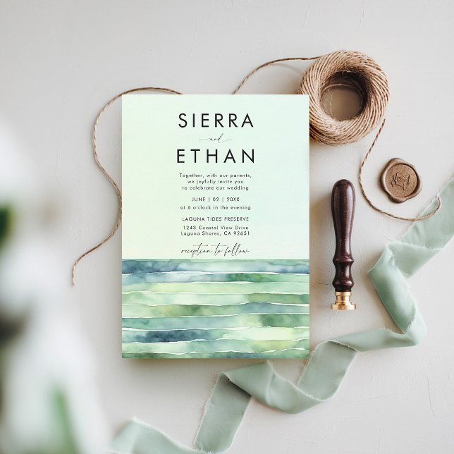 Convite Casamento de faixas verdes do mar de Piscina de pr (coastal wedding invitation rocky beach tide pool sea sage green stripes elegant modern romantic)